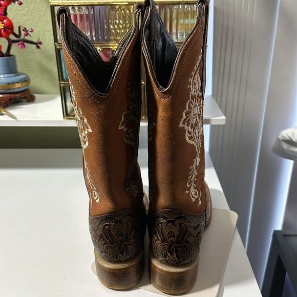 Rancho Grande Hand Tooled Brown Leather Square Toe Cowgirl Western Boots Size 6 - Picture 4 of 6
